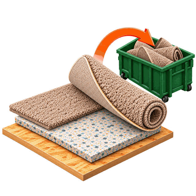 Rolled-up old carpet being loaded into a disposal container